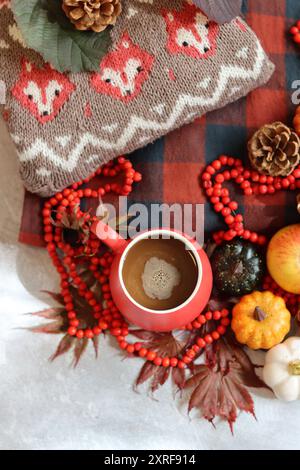 Natura morta autunnale con tazza rossa e maglione marrone caldo lavorato a maglia. Foto d'autunno dai colori vivaci. Foto Stock