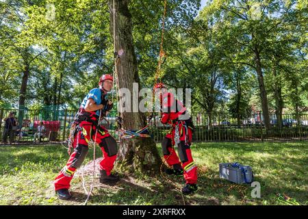 Cottbus, Germania. 10 agosto 2024. I membri dei vigili del fuoco volontari di Bernau completano un'esercitazione di salvataggio in altezza presso il vecchio ascensore di Niederfinow. Il 90° anniversario della seggiovia Niederfinow sara' celebrato con un festival tutto il giorno sabato 10.08.2024. Crediti: Frank Hammerschmidt/dpa/Alamy Live News Foto Stock