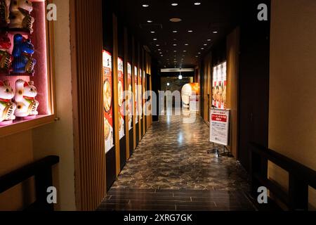 Ristorante locale, negozio a Tokyo, Ramen Kokugikan mai in vendita, tradizionale ramen di Street food giapponese per i viaggiatori. Le persone mangiano bevande nell'Aqua City Odaiba Foto Stock