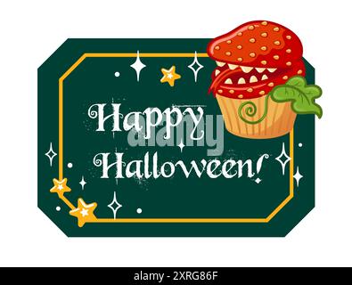 Un divertente e allegro saluto di Halloween, progettato con un divertente cupcake e colori vivaci per migliorare l'atmosfera delle feste Illustrazione Vettoriale