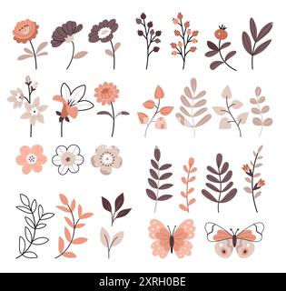 Set di fiori, piante, foglie e farfalle in stile scandinavo, boho, minimalista in colori pastello beige neutri. Illustrazione Vettoriale