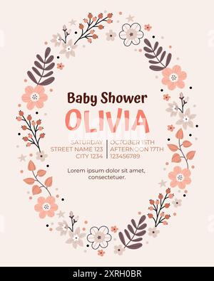 Doccia per bambini invitante in stile scandinavo, boho, minimalista in colori pastello beige neutri. Cornice floreale. Illustrazione Vettoriale