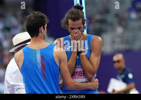 Parigi, Francia. 10 agosto 2024. Gianmarco Tamberi, italiano, durante la finale di salto in alto maschile alle Olimpiadi estive 2024, sabato 10 agosto 2024, a Saint-Denis, Francia. ( Crediti: LaPresse/Alamy Live News Foto Stock