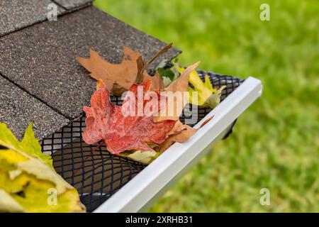 Primo piano della canalina antipioggia della casa con schermo e foglie. Concetto di manutenzione domestica, lavori di giardinaggio e danni al tetto Foto Stock