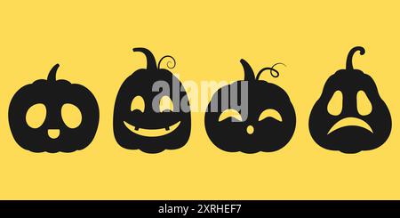 Set di disegni di Halloween. Zucche di diversi colori e dimensioni. Illustrazione vettoriale in stile piatto su sfondo bianco. Illustrazione Vettoriale