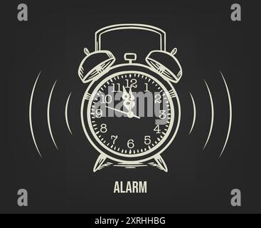 Disegno della sveglia con campanelli. Torna a scuola mattina alzata. Logo realizzato con inchiostro. Sfondo scuro. Vettore Illustrazione Vettoriale
