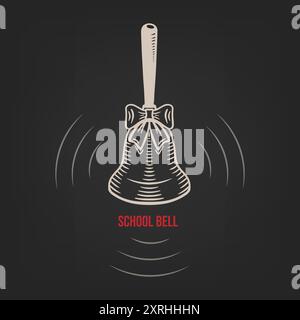Schizzo disegnato a mano di una campana della scuola con un arco su sfondo scuro. Vettore Illustrazione Vettoriale