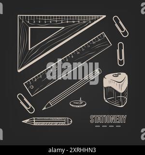 Set per schizzi di carta da cancelleria quadrata, righello, affilatrice, graffette, matite, pulsanti disegnati a mano su sfondo scuro. Vettore Illustrazione Vettoriale