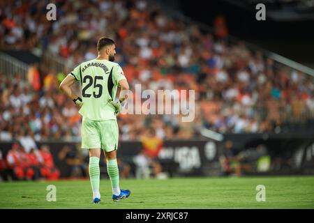 Giorgi Mamardashvili del Valencia CF visto in azione durante la partita tra il Valencia CF e l'Eintracht Frankfurt allo stadio Mestalla. Punteggio finale; Valen Foto Stock