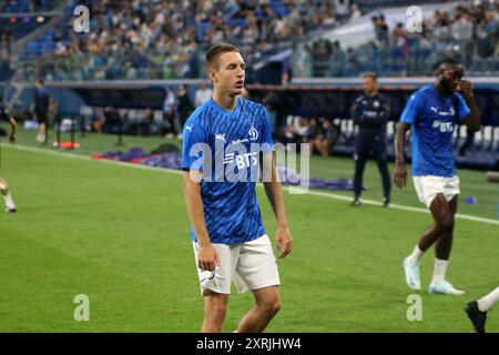 San Pietroburgo, Russia. 10 agosto 2024. Yaroslav Gladyshev (91) della Dinamo visto in azione durante la partita di calcio della Premier League russa tra Zenit San Pietroburgo e Dinamo Mosca alla Gazprom Arena. Punteggio finale: Zenit 1:0 Dinamo. Credito: SOPA Images Limited/Alamy Live News Foto Stock