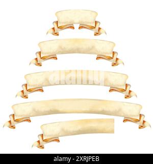 Set di nastri bianchi beige vintage per design decorativo di testo in varie lunghezze. Illustrazione ad acquerello di un antico rotolo, manoscritto, figurativo Foto Stock