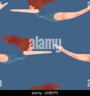 Motivo senza cuciture con donne fluttuanti in stile vintage. Nuoto. Illustrazione acquerello su sfondo blu Foto Stock