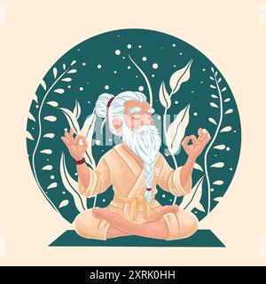 Illustrazione di yoga dell'uomo meditante seduto sul pavimento in posizione loto yoga. Uomo che meditava in natura e se ne va. Illustrazione concettuale per meditazione Foto Stock