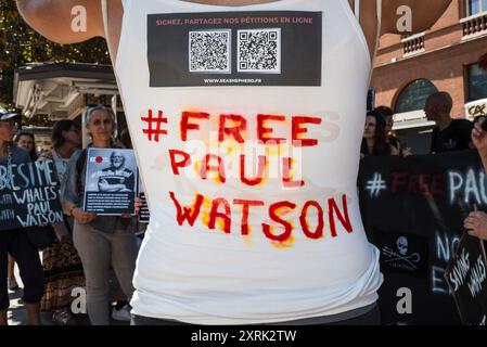 Sulla schiena di un attivista, due QRCode per petizioni online, e inscritto in rosso # Free paul Watson. Paul Watson, fondatore della ONG Sea Shepherd, è stato trattenuto per più di due settimane nelle prigioni danesi in Groenlandia su richiesta del governo giapponese. Il ministero della giustizia danese deve decidere in merito alla sua estradizione in Giappone il 15 agosto. Francia, Tolosa il 10 agosto 2024. Fotografia di Patricia Huchot-Boissier / Agence DyF. Foto Stock