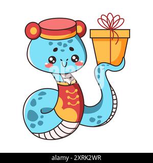 Grazioso serpente cinese con regalo in stile vettoriale piatto. Il serpente Kawaii rappresenta il simbolo dell'animale di Capodanno aggiungendo un tocco natalizio su sfondo bianco Illustrazione Vettoriale