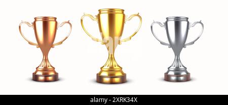 I vincitori del concorso premia il set di illustrazioni vettoriali realistiche. Calici da trofeo in oro, argento e bronzo modelli 3d su sfondo bianco Illustrazione Vettoriale