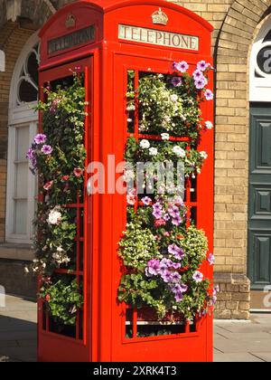 Chiosco telefonico riutilizzato con esposizione di fiori estivi, Bath, Somerset. Temi: Riutilizzo, riciclaggio, evoluzione, cambiamento, pensiero nuovo Foto Stock