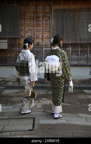 Paesaggio con vista panoramica di Geisha che cammina per le strade del quartiere Higashi-Chaya del periodo Edo a Kanazawa, Ishikawa Giappone. Foto Stock