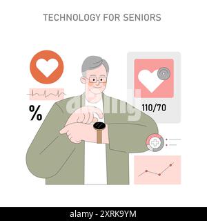 Uomo anziano che utilizza lo smartwatch per il monitoraggio della salute. Gadget moderni che aiutano gli anziani a monitorare il benessere. Controllo digitale della frequenza cardiaca e della pressione sanguigna. Illustrazione vettoriale. Illustrazione Vettoriale