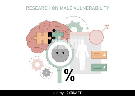 Concetto di vulnerabilità maschile. Illustrazione che rappresenta la ricerca psicologica sulla salute emotiva degli uomini e le sfide. Cervello con pezzi di puzzle, lente di ingrandimento sorridente e statistiche. Illustrazione vettoriale. Illustrazione Vettoriale