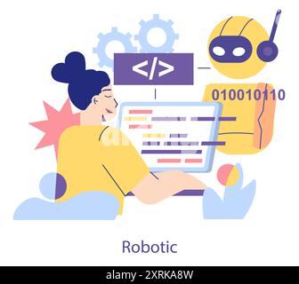 Concetto di educazione STEM. Uno studente interagisce con un robot mentre impara i principi di codifica. Innovazione educativa e integrazione tecnologica. Illustrazione vettoriale. Illustrazione Vettoriale