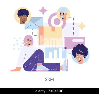 Concetto innovativo di processo di acquisto. Un gruppo eterogeneo di persone interagisce con elementi di acquisto moderni. Trasformazione digitale nell'approvvigionamento. Illustrazione vettoriale. Illustrazione Vettoriale