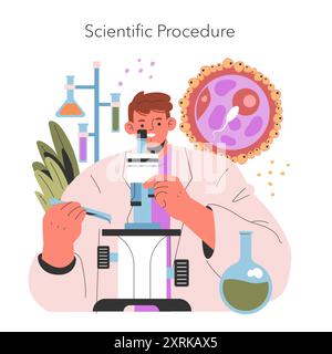 Concetto di provetta di test per bambini. Un'illustrazione che mostra la ricerca di fecondazione in vitro con uno scienziato che esamina sotto un microscopio. Ambiente di laboratorio con strumenti scientifici. Illustrazione vettoriale. Illustrazione Vettoriale