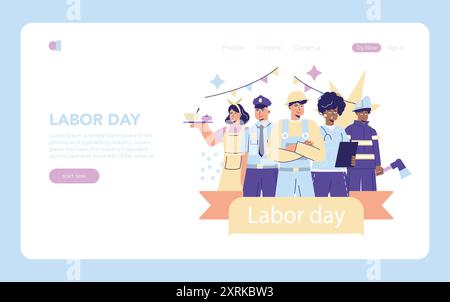 Concetto di Festa del lavoro. Celebrare i lavoratori di varie professioni uniti. Rappresentanza diversificata della forza lavoro e festività natalizie. Illustrazione vettoriale. Illustrazione Vettoriale