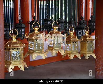 Vista panoramica delle lanterne sospese dorate Tsuri-dōrō utilizzate come votive all'esterno del santuario shintoista Kasuga Taisha a Nara, Kansai Giappone. Foto Stock