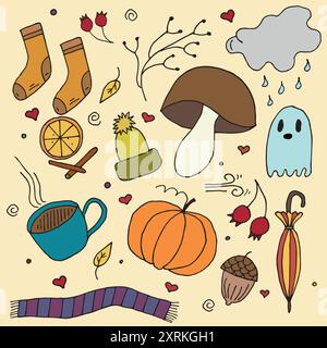 Ciao Autunno - simpatici personaggi di animali ed elementi da giardino. Una raccolta di album di elementi autunnali. Comodo maglione, pallone da calcio americano Illustrazione Vettoriale