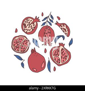 Emblema circolare melograno. Vettoriale disegnato a mano e lascia l'illustrazione del distintivo isolata su sfondo bianco. Illustrazione Vettoriale