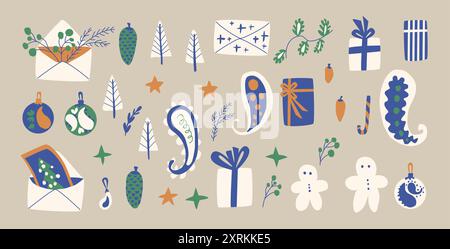 Set di elementi natalizi per le feste natalizie. Regali, pan di zenzero e buste natalizie, decorazioni paisley. Raccolta piatta disegnata a mano vettoriale Illustrazione Vettoriale