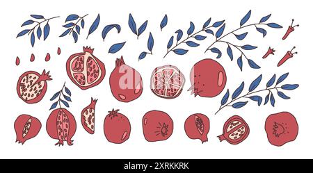 Set di melograni. Illustrazione vettoriale della raccolta di frutta e foglie disegnata a mano isolata su sfondo bianco Illustrazione Vettoriale