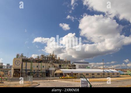 Impianto industriale che produce idrogeno verde con fonti di energia rinnovabili, contribuendo a un futuro sostenibile Foto Stock