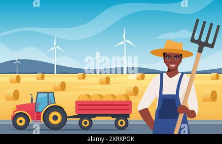 Farmer Black Woman Character con forcone vicino al fieno prepara il fieno in autunno. Trattore con balle di fieno nel carrello. Macchine agricole. Illustrazione vettoriale Illustrazione Vettoriale