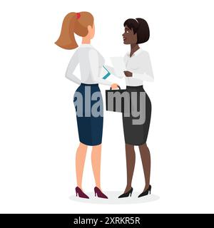 Discussione d'affari tra due donne, una con i documenti. Ideale per l'illustrazione vettoriale di temi aziendali e di comunicazione Illustrazione Vettoriale
