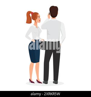 Interazione aziendale tra due colleghi, uno con una tazza di caffè e l'altro con una cartella rossa. Ideale per l'illustrazione vettoriale di temi aziendali e di comunicazione Illustrazione Vettoriale