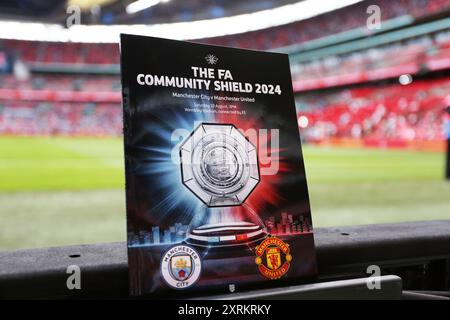 Londra, 10 agosto 2024: Programma della partita durante la finale di calcio del fa Community Shield tra Manchester City e Manchester United allo stadio Wembley di Londra, Inghilterra. (Pedro Soares/SPP) Foto Stock