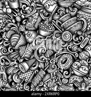 Grafica per dessert senza cuciture. Sfondo con simboli e prodotti tipici del dolce. Sfondo monocromatico per la stampa su tessuto, tessuto, custodie per telefoni Foto Stock