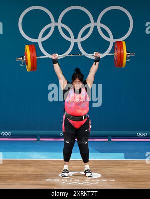Parigi, Francia. 11 agosto 2024. Giochi olimpici di Parigi 2024. Sollevamento pesi. South Paris Arena 6. Parigi. Mary Theisen Lappen (USA) alla competizione donne 81 KG DI sollevamento pesi durante le Olimpiadi di Parigi 2024 alla South Paris Arena 6, Parigi, Francia. Crediti: Sport in foto/Alamy Live News Foto Stock