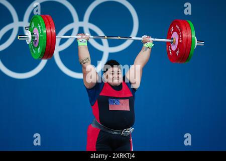PARIGI, FRANCIA. 11 agosto 2024. Luniarra Sipaia del Team Samoa gareggia nell'evento femminile +81kg di sollevamento pesi il sedicesimo giorno dei Giochi Olimpici di Parigi 2024 alla South Paris Arena di Parigi, Francia. Crediti: Craig Mercer/Alamy Live News Foto Stock