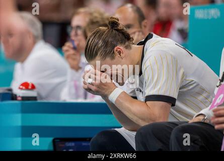 Parigi, Francia. 11 agosto 2024. Juri Knorr (GER) Giochi Olimpici di Parigi 2024 Germania vs Danimarca Handball Men's Gold Medal Match Olympische Spiele 11.08.2024 crediti: Moritz Muller/Alamy Live News Foto Stock