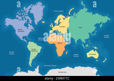 Mappa del mondo, continenti e oceani, iscrizione con illustrazione vettoriale Illustrazione Vettoriale