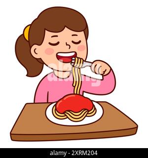 Carina ragazza dei cartoni animati che mangia spaghetti disegnando. Buon bambino che mangia la cena, illustrazione vettoriale. Illustrazione Vettoriale