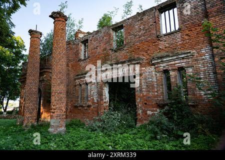 Colonne di mattoni nella vecchia stalla. edifici del xix secolo. Foto Stock