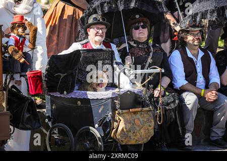 Henrichenburg, Waltrop, Germania. 11 agosto 2024. I partecipanti si riuniscono per una foto di gruppo. I fan dello steampunk, i gruppi e i visitatori, molti in costumi d'epoca retrò-futuristica o vittoriana, si divertiranno l'ultimo giorno dell'annuale Festival del Giubileo di Steampunk. Quest'anno, il festival coincide con il 125° anniversario dello storico ascensore Henrichenburg Boat Lift, sito patrimonio industriale patrimonio storico lungo il canale Dortmund-EMS. Crediti: Imageplotter/Alamy Live News Foto Stock