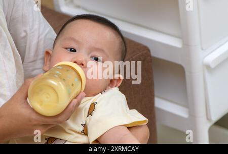 Un ritratto di un bambino appena nato carino che viene nutrito dalla madre usando il biberon, l'amore e il concetto di assistenza sanitaria Foto Stock