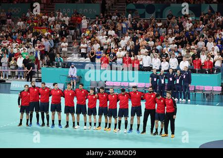 Team Spain, Handball, Men&#39;s Bronze Medal Match durante i Giochi Olimpici di Parigi 2024 l'11 agosto 2024 allo stadio Pierre Mauroy di Villeneuve-d&#39;Ascq vicino a Lille, Francia Foto Stock