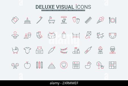 Baby-sitter e gravidanza felice, set di icone della linea materna. Bottiglia e succhietto per bambini, culla e pannolino del bambino, giocattoli del parco giochi, sottili simboli neri e rossi, illustrazione vettoriale Illustrazione Vettoriale