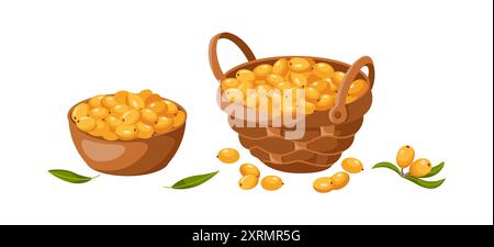 Le bacche di spinoso marino raccolgono oggetti di cartoni animati 2D. Ciotola e cestino con icone vettoriali della linea piatta per alimenti biologici su sfondo bianco Illustrazione Vettoriale